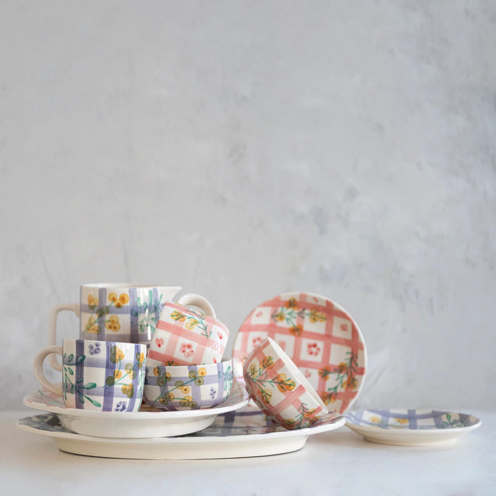 Creative Co-Op Servingware set featuring colorful plates with grid pattern designs