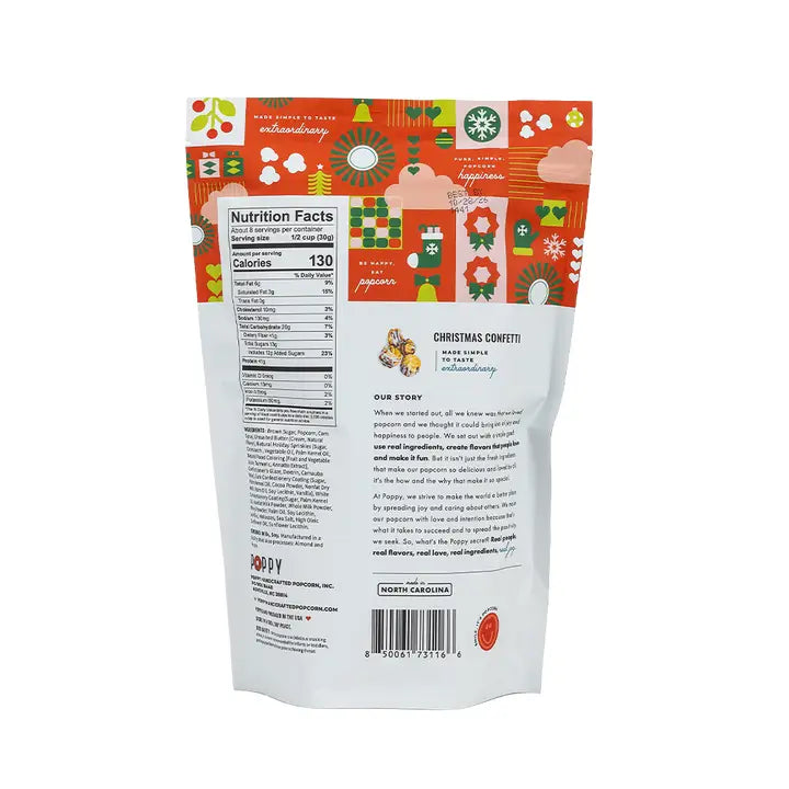 Poppy Handcrafted Popcorn Christmas confetti popcorn packaging with vibrant holiday design and nutrition facts