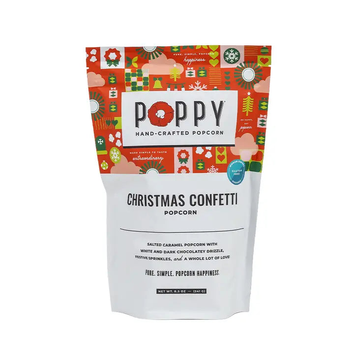 Poppy Handcrafted Popcorn Christmas confetti popcorn with salted caramel and chocolate drizzle