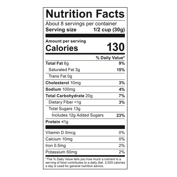 Nutrition facts label for Poppy Handcrafted Popcorn Christmas confetti popcorn with serving details