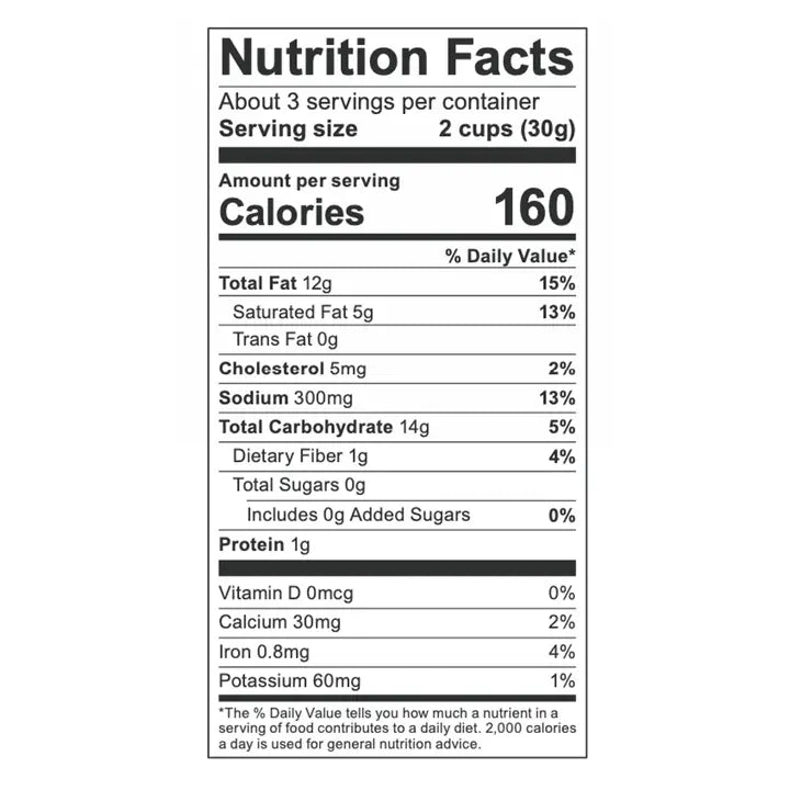 Nutrition facts for Poppy Handcrafted Popcorn dill pickle popcorn with calories and serving size information
