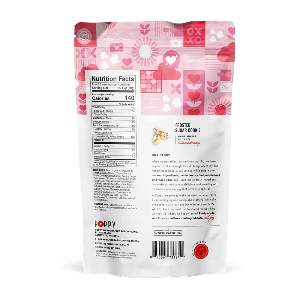 Poppy Handcrafted Popcorn package featuring frosted sugar cookie popcorn with nutritional information and heart-themed design
