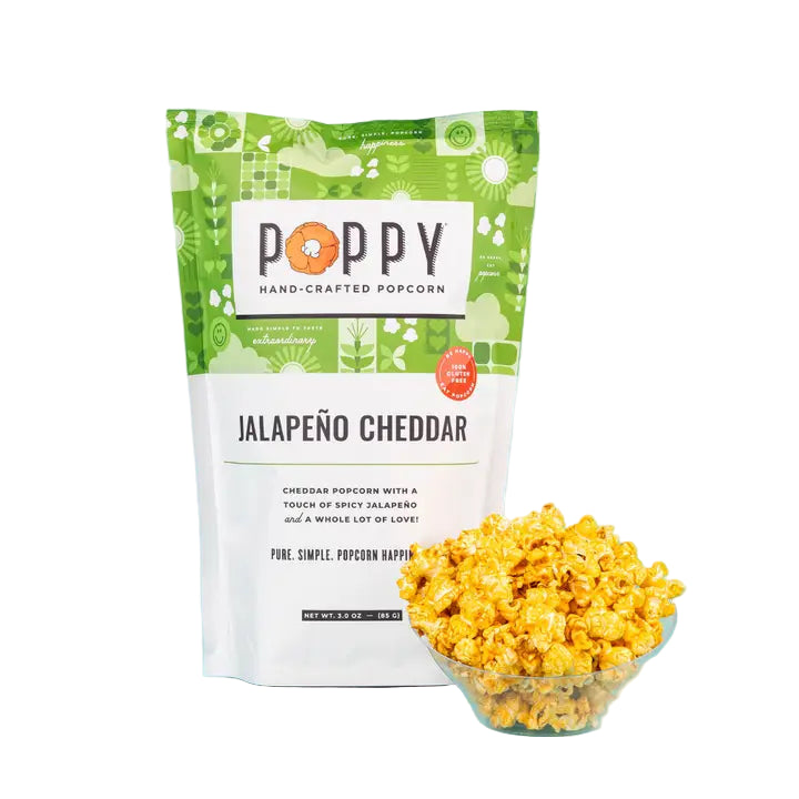 Poppy Handcrafted Popcorn Jalapeno Cheddar Popcorn in a Green Bag with Cheesy Flavor