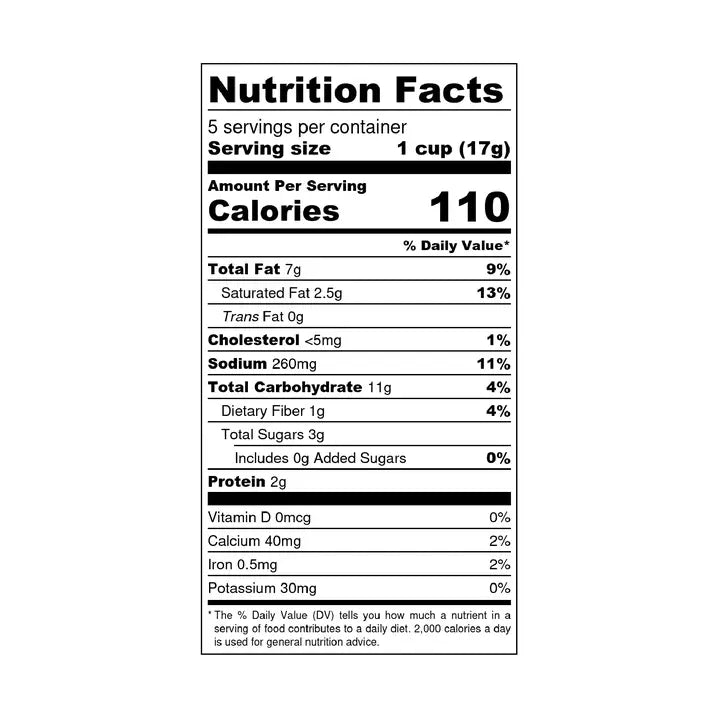 Nutrition label for Poppy Handcrafted Popcorn jalapeno cheddar popcorn with serving details and calorie count