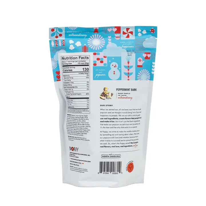 Poppy Handcrafted Popcorn peppermint bark popcorn festive packaging with nutritional facts on the back