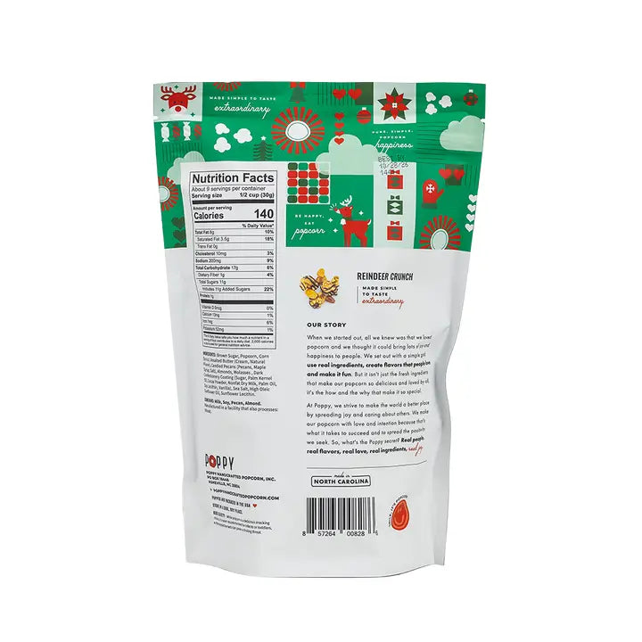 Back of Poppy Handcrafted Popcorn Reindeer Crunch popcorn bag featuring nutrition facts and festive design