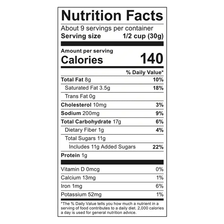 Nutrition facts label for Reindeer Crunch popcorn by Poppy Handcrafted Popcorn, detailing calories and nutrients