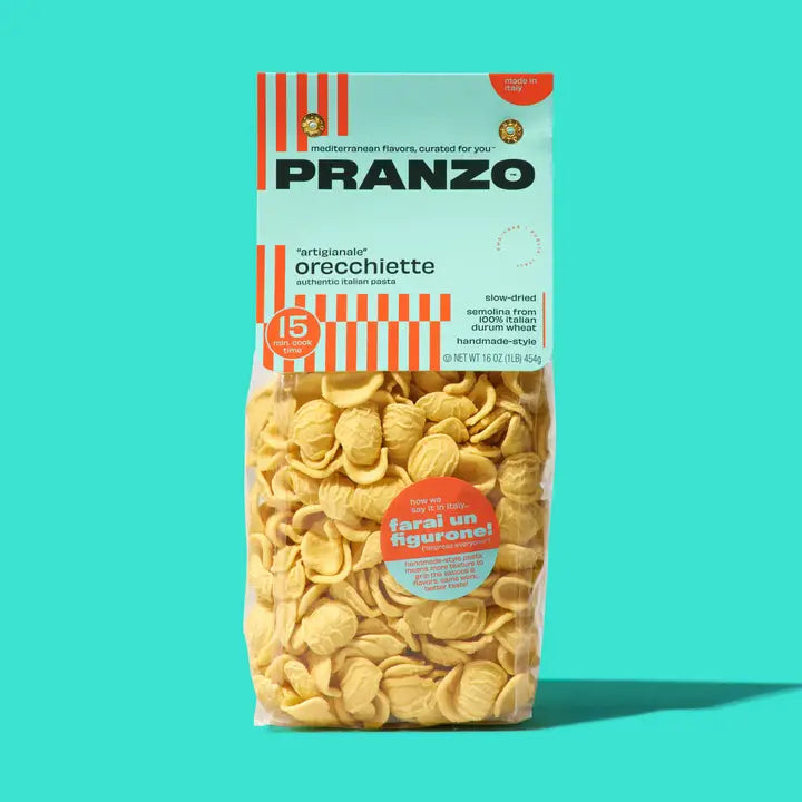 PRANZO artisan Italian orecchiette pasta in a transparent bag for authentic Mediterranean cooking