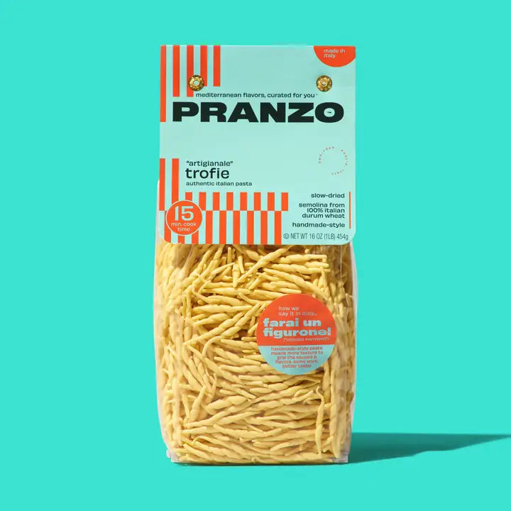 PRANZO authentic trofie pasta in a eco-friendly package, perfect for Mediterranean dishes