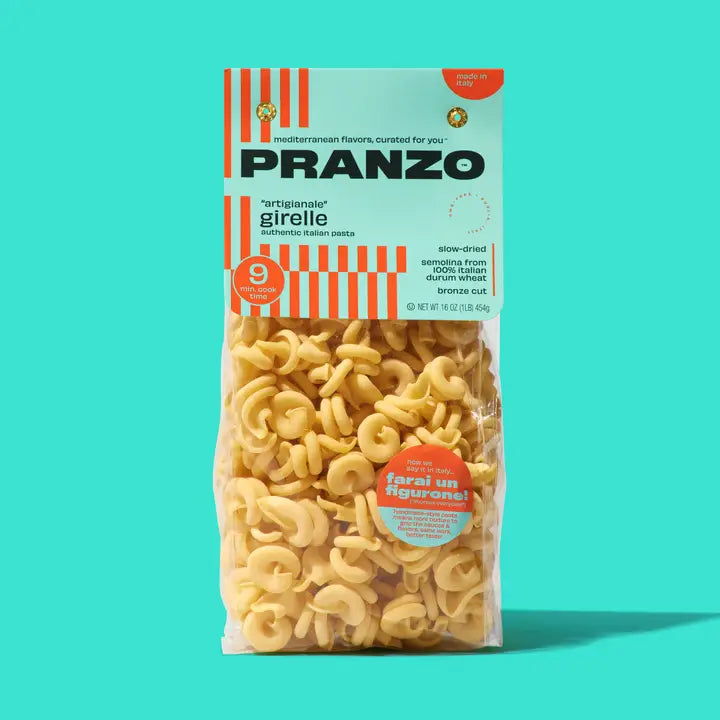 PRANZO girelle pasta packaging featuring unique curly shapes and vibrant design for home cooking