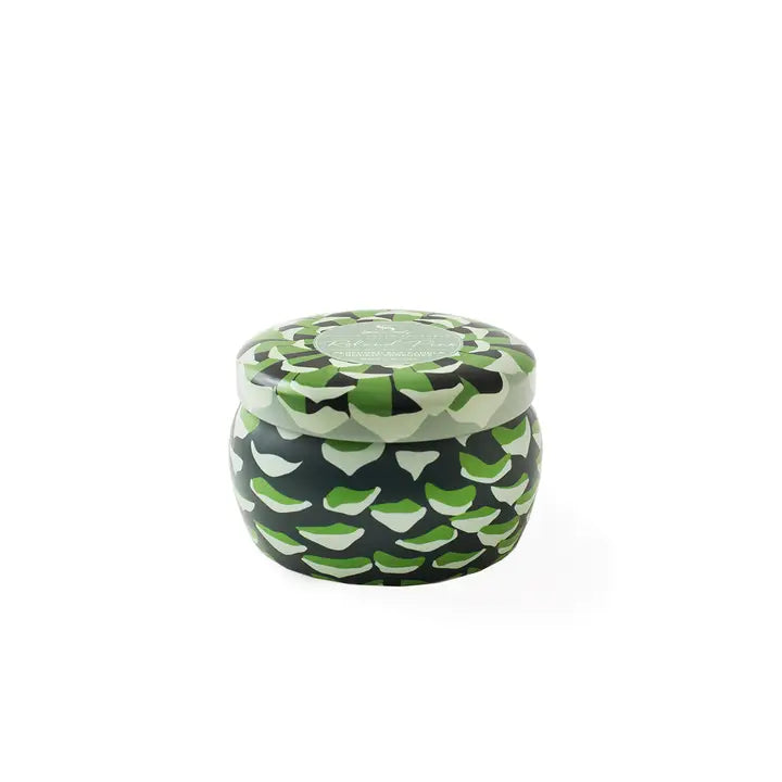 Roland Pine candle tin small from Soap & Paper Factory featuring a vibrant green and black patterned design
