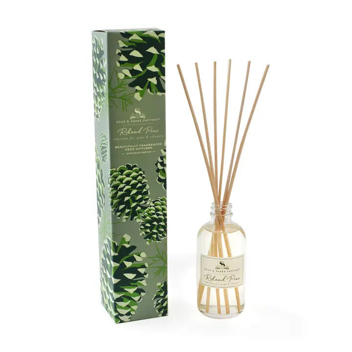 Roland Pine reed diffuser by Soap & Paper Factory in a decorative bottle with natural reeds