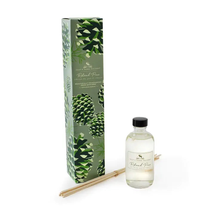 Soap & Paper Factory Roland Pine reed diffuser with natural fragrance oil and reeds in decorative packaging