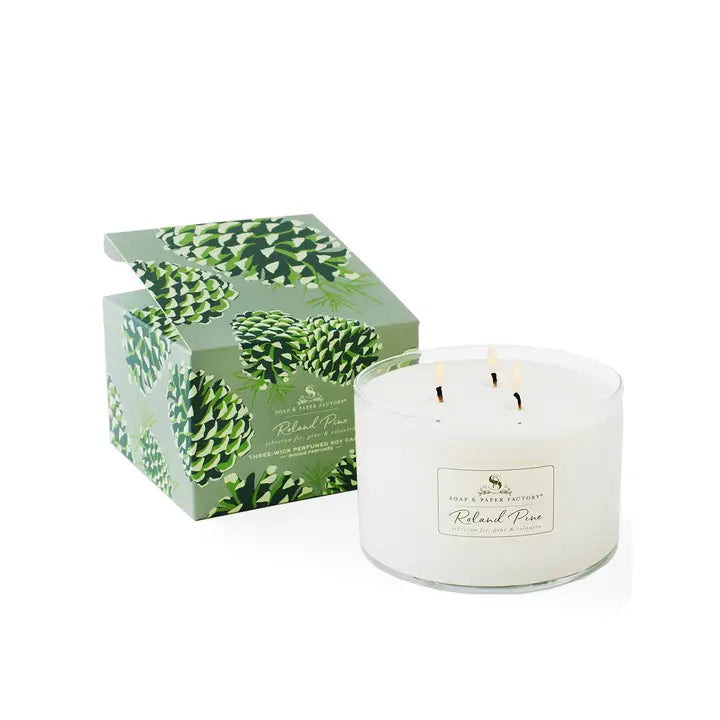 Roland Pine three wick candle by Soap & Paper Factory in a decorative box featuring pine cone design