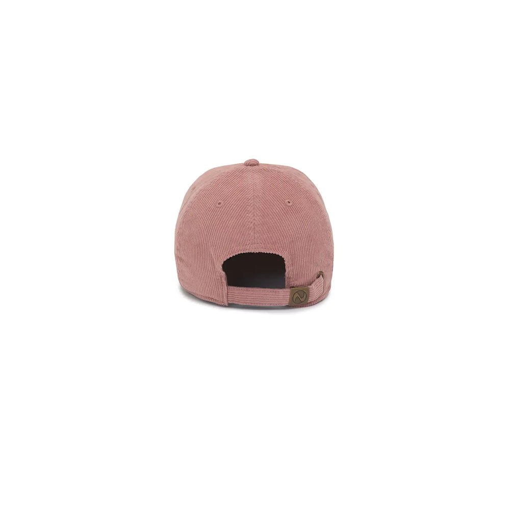 Back view of a pink corduroy cap designed for romance readers with adjustable strap