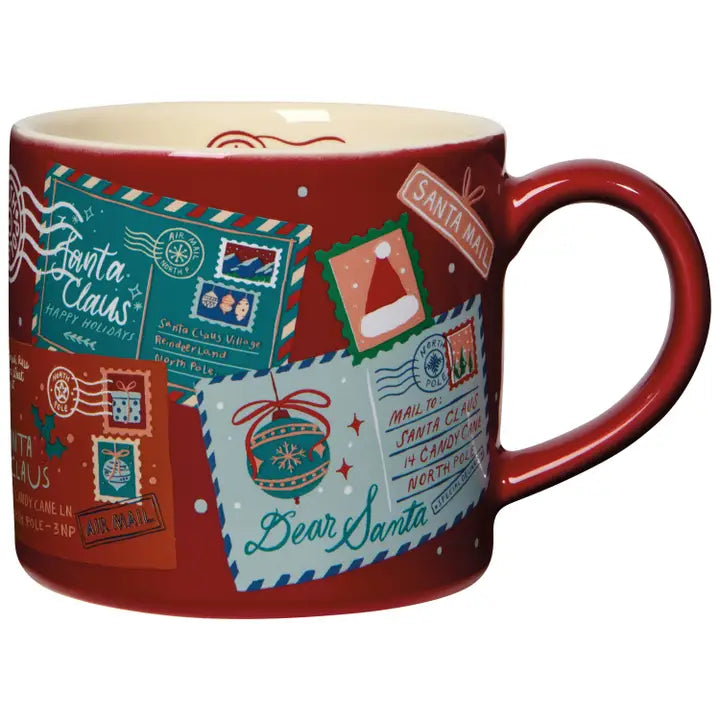 Danica Santa Mail holiday mug with colorful illustrated letters to Santa Claus on a red background