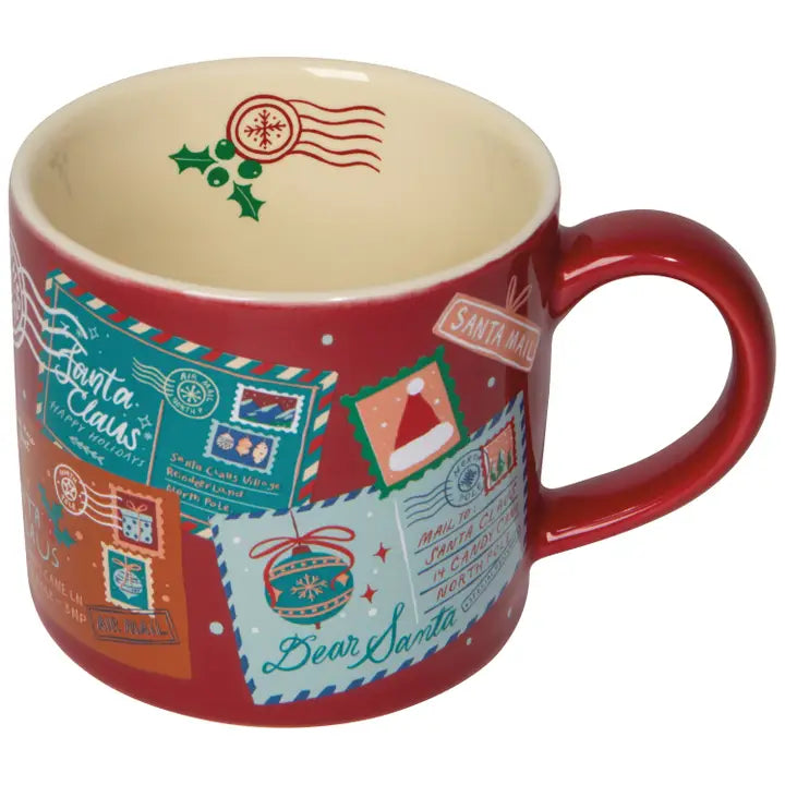 Danica Santa Mail holiday mug featuring colorful postal designs and festive holiday graphics