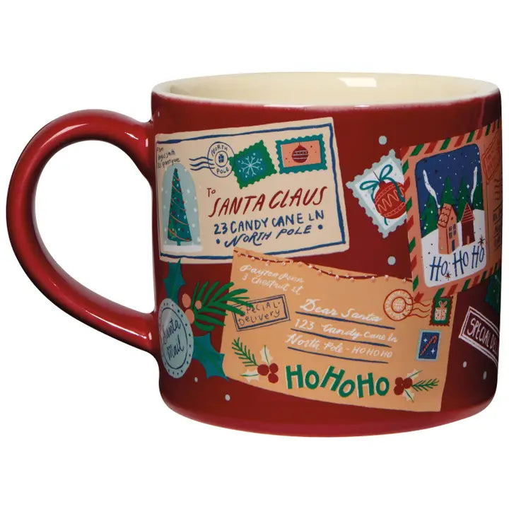 Danica Santa Mail holiday mug featuring festive designs and vibrant red color for holiday cheer