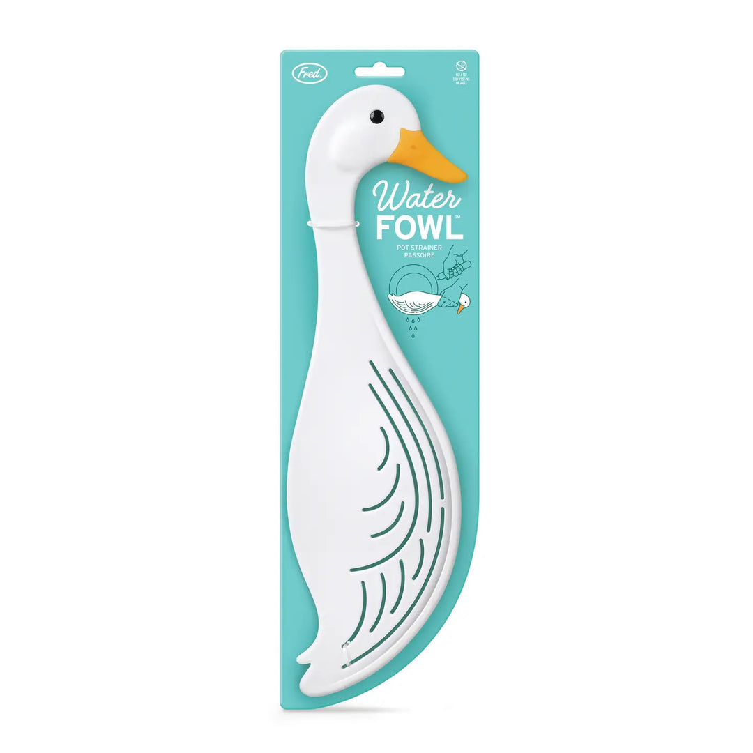 Fred & Friends silly goose pot strainer in a unique duck shape for draining pasta and veggies