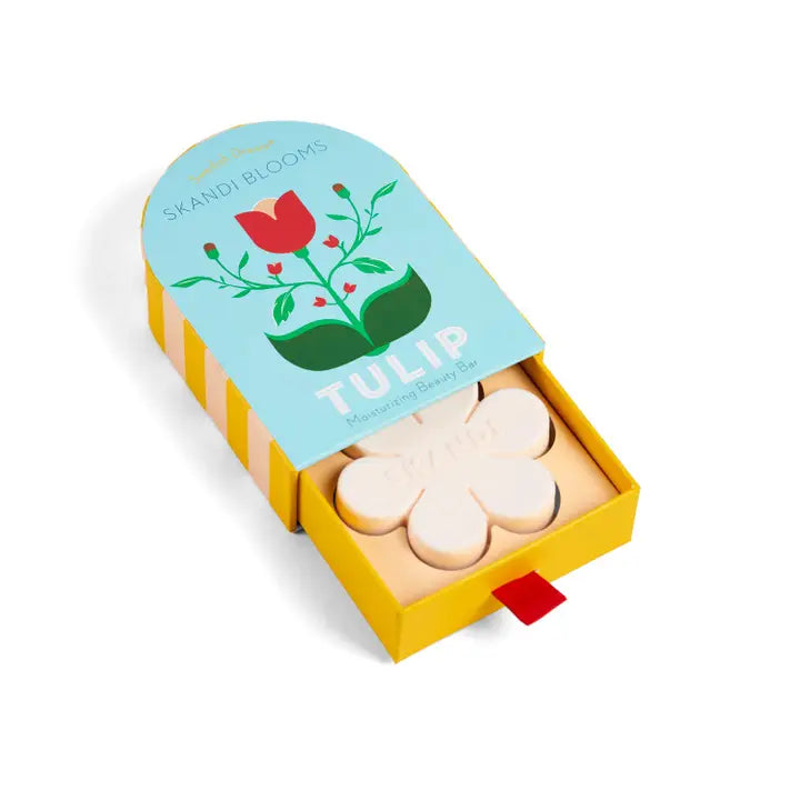 Kalastyle Soap Co skandi bloom tulip bar soap in yellow drawer box with tulip shaped pale pink soap