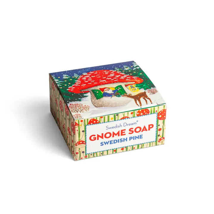 Soap Gnome Pine Swedish Dream bar soap with whimsical packaging featuring gnomes and pine design