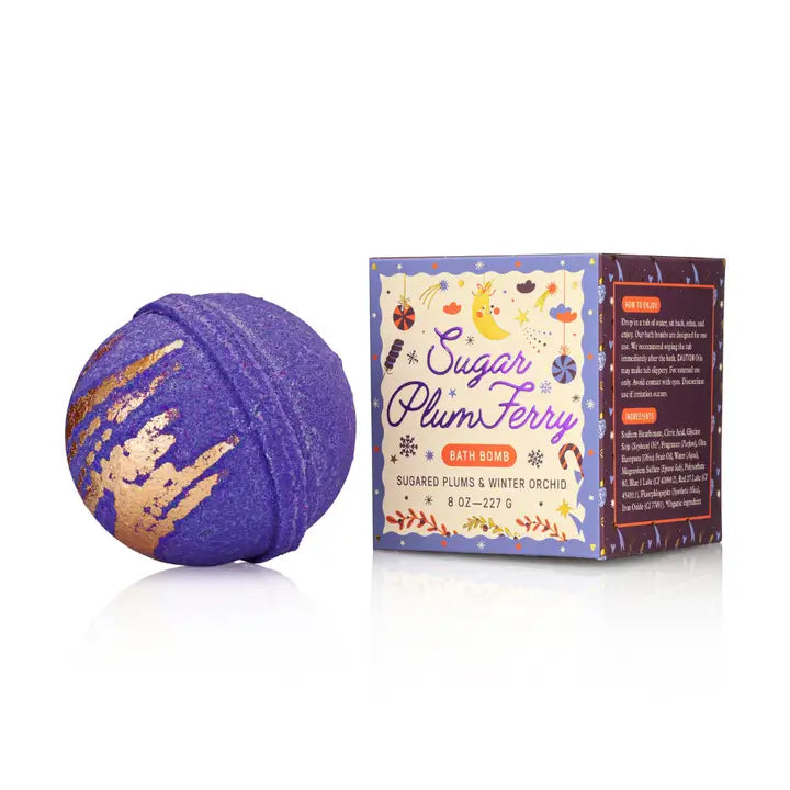 Old Whaling Co Sugar Plum Bath Bomb in purple with gold accents for a relaxing bath experience