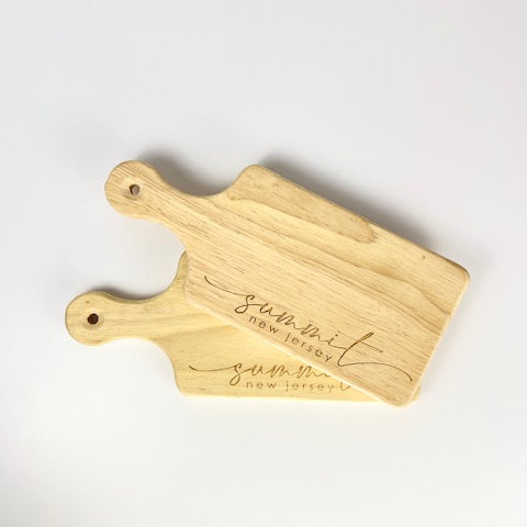 Blue Studio Creative wooden Summit New Jersey cutting board with handle and engraved lettering