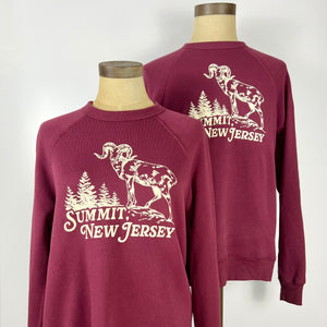 Kanibal & Co maroon Summit New Jersey sweatshirt with mountain goat and tree graphic design