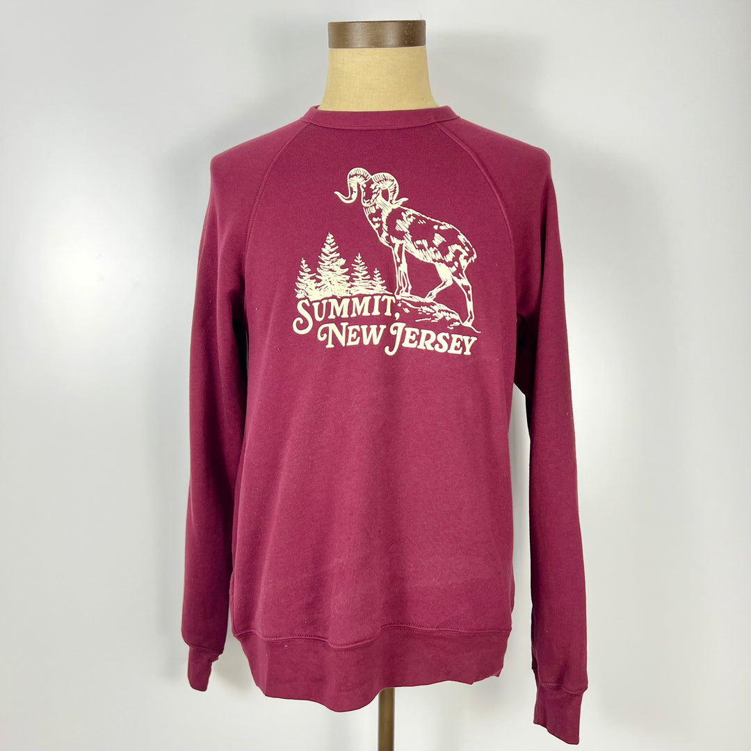 Kanibal & Co. maroon Summit New Jersey sweatshirt with white mountain goat and trees design