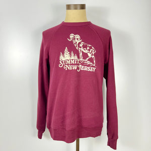 Kanibal & Co. maroon Summit New Jersey sweatshirt with white mountain goat and trees design