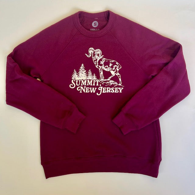 Kanibal & Co. maroon Summit New Jersey sweatshirt with ram and tree graphic design