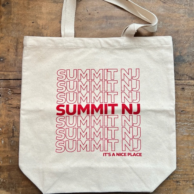 Vital Industries Summit NJ tote bag with repeated red text design on natural fabric