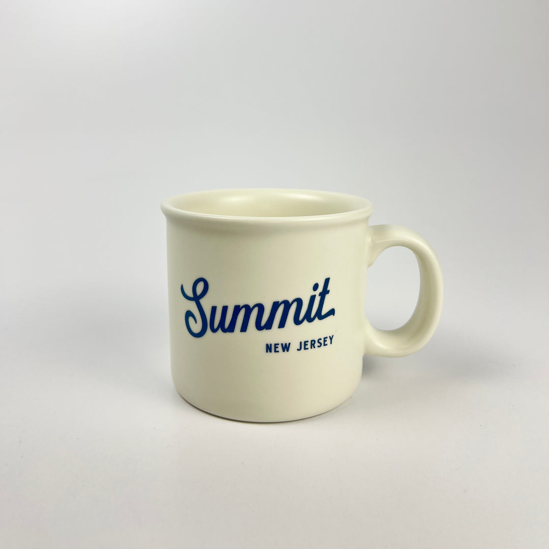 Summit Athletic mug cream ceramic coffee mug with blue Summit New Jersey script and sturdy handle