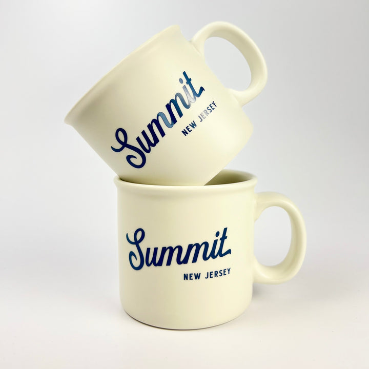 Kanibal and Co Summit Athletic mug cream ceramic with blue Summit New Jersey script logo stacked set