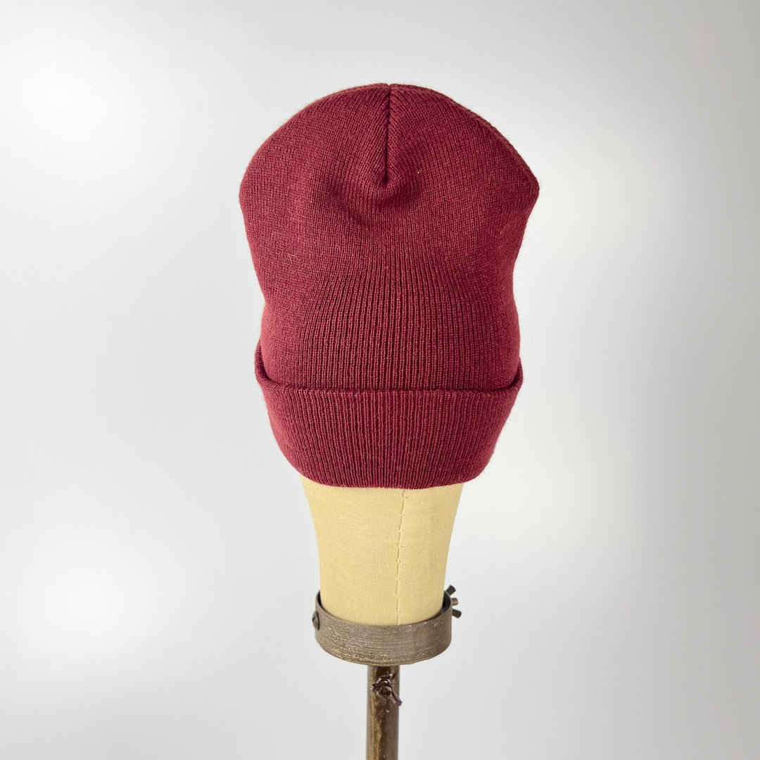Kanibal and Co maroon knit cuffed beanie shown on mannequin back view Summit NJ embroidered beanie