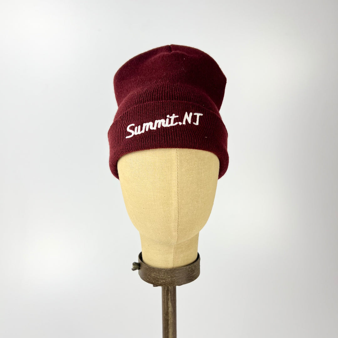 Kanibal and Co maroon cuffed knit Summit NJ embroidered beanie on a mannequin head