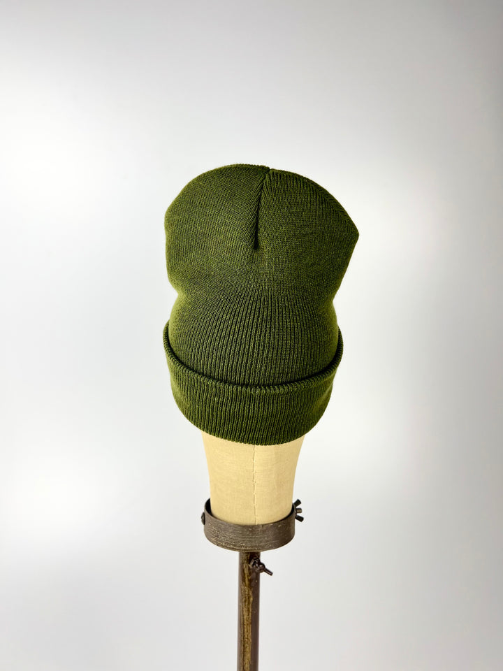 Kanibal and Co olive green Summit NJ embroidered beanie with folded cuff on mannequin display stand