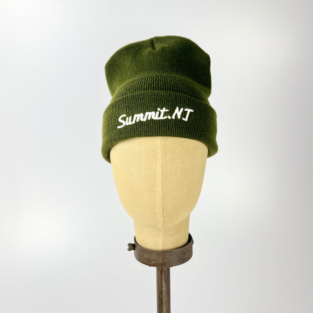 Kanibal and Co olive green Summit NJ embroidered beanie on mannequin head with folded cuff