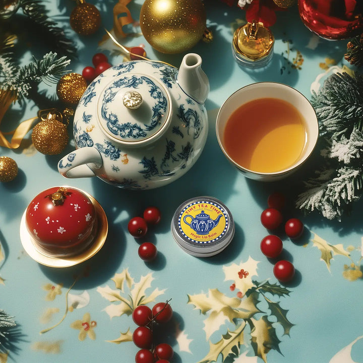 Kalastyle Soap Co. Tea Time Lip Balm placed with a teapot and tea cup on a festive table setting