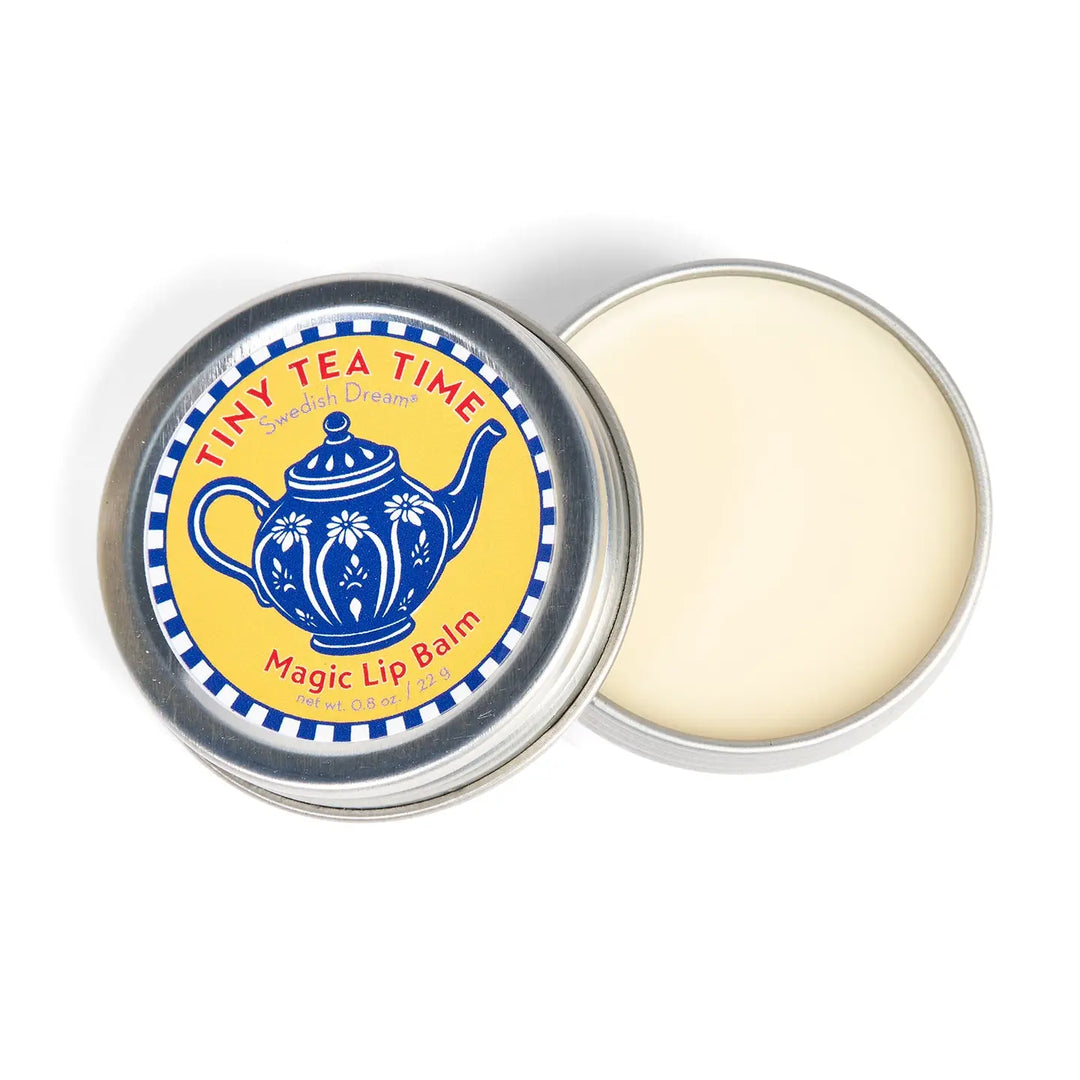 Kalastyle Soap Co. Tiny Tea Time Lip Balm in a metal tin with blue teapot design for hydration
