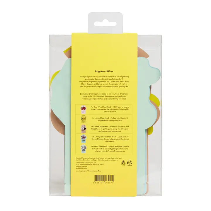 TonyMoly Brightening Sheet Mask Set featuring various colorful mask designs for glowing skin
