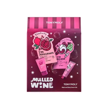 TonyMoly mulled wine face and body set featuring pomegranate and red wine masks and lotion