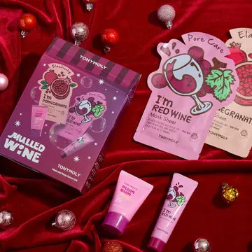 TonyMoly mulled wine face and body set featuring masks and creams for hydrating skin