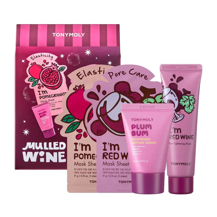 TonyMoly mulled wine face and body set with mask sheets and serum for skincare enthusiasts