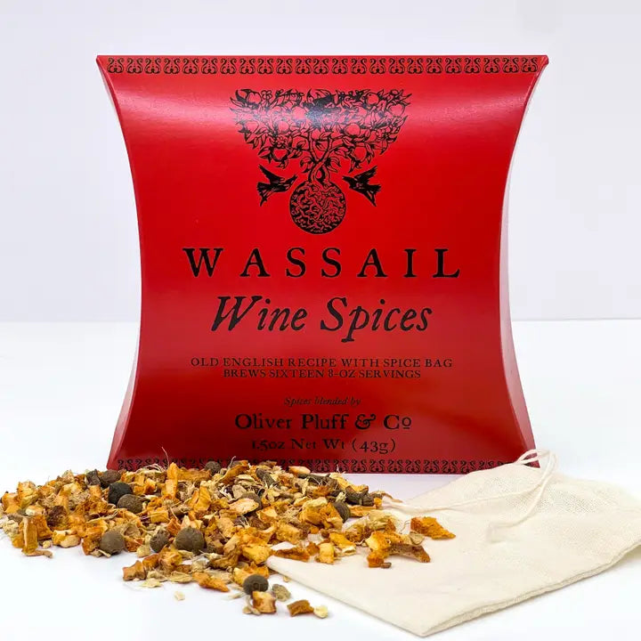 Oliver Pluff wassail wine spice mix in red packaging with an herbal blend for brewing 16 oz servings