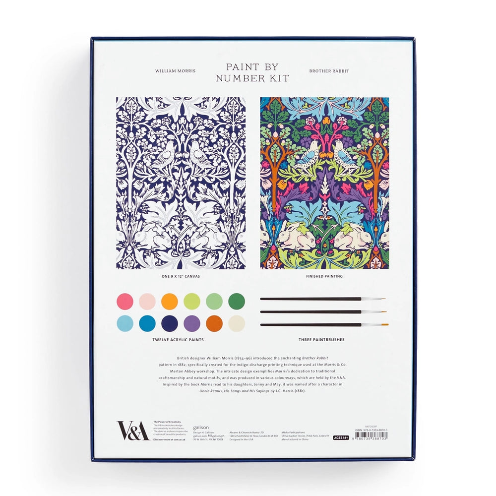 William Morris paint by number kit with two canvases, twelve acrylic paints, and three paintbrushes