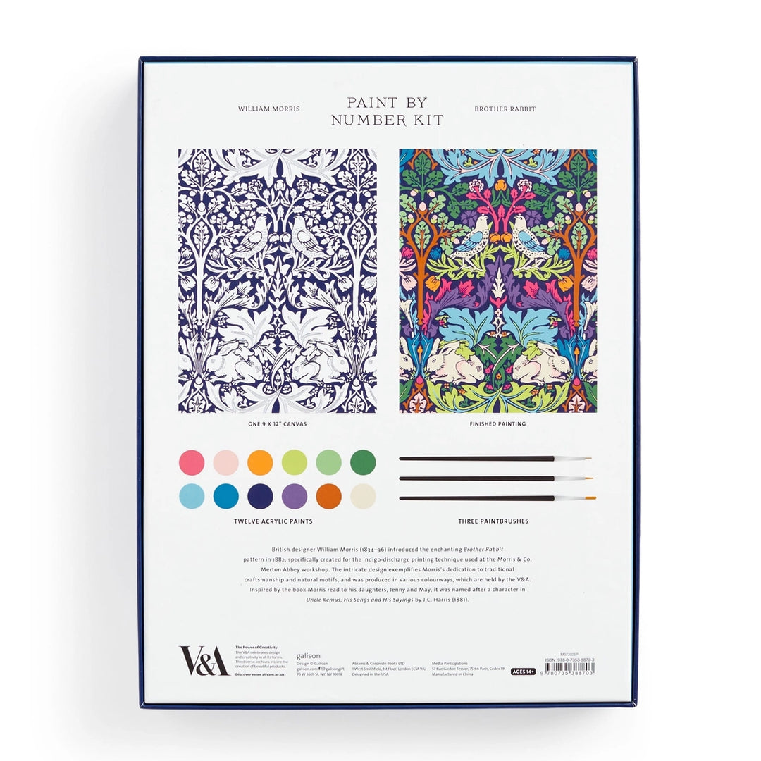 William Morris paint by number kit with two canvases, twelve acrylic paints, and three paintbrushes