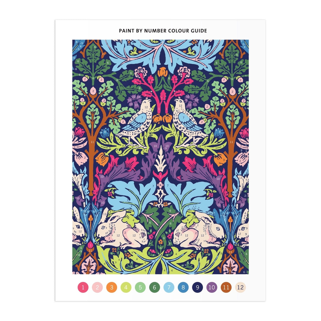 William Morris paint by number kit color guide featuring vibrant floral and animal designs