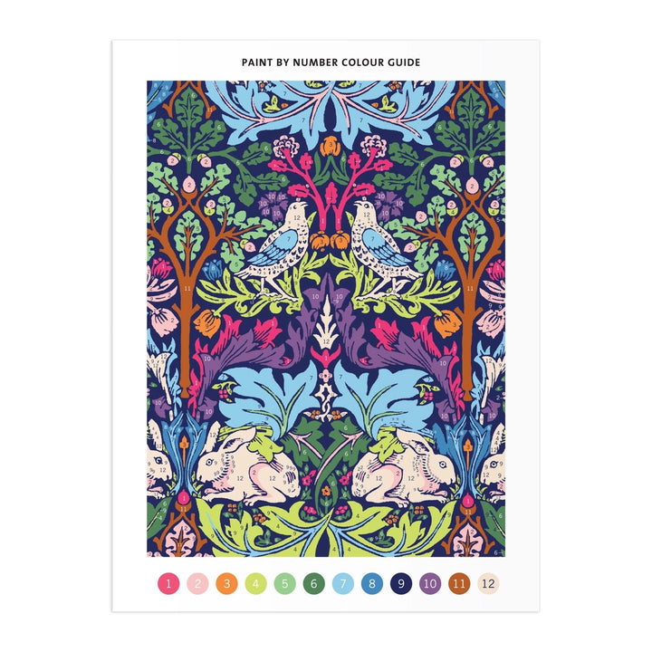 William Morris paint by number kit color guide featuring vibrant floral and animal designs