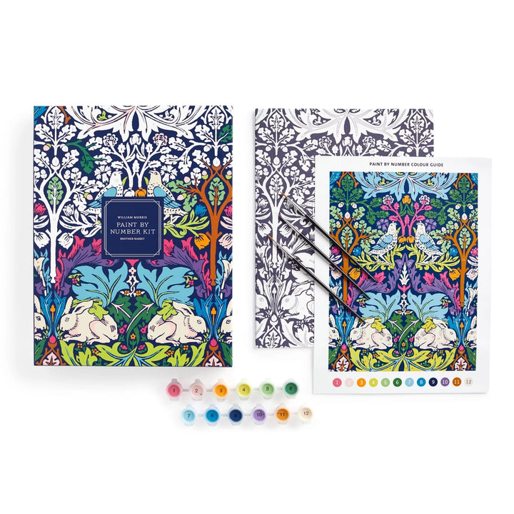 William Morris paint by number kit with colorful design, paints, brushes, and guide included